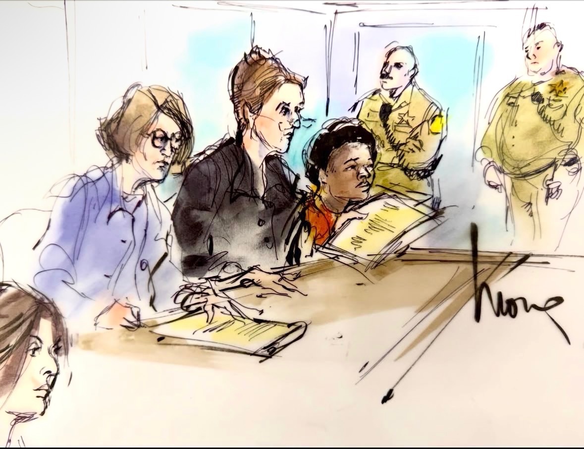 Wide courtroom view: d4vd at the defense table flanked by attorneys, deputies in the background, sketched by Mona Shafer Edwards