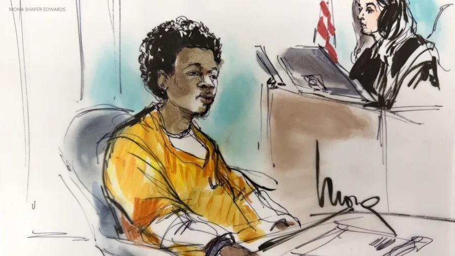 d4vd in orange county jumpsuit at the Apr 29 status conference, Judge Olmedo at the bench, courtroom sketch by Mona Shafer Edwards