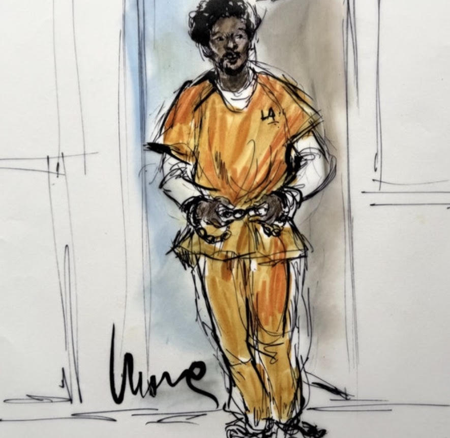 d4vd in orange county jumpsuit, handcuffed, full-body courtroom sketch by Mona Shafer Edwards · May 12 2026 status hearing