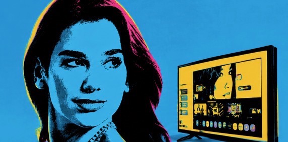 Dua Lipa pop-art portrait beside a Samsung Crystal UHD TV