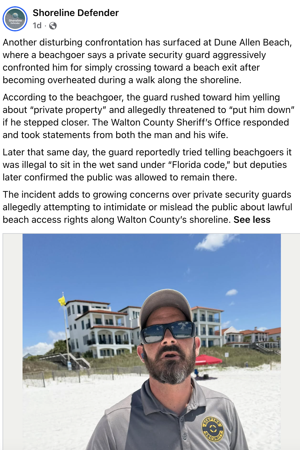 Shoreline Defender post about private security guard confrontation at Dune Allen Beach