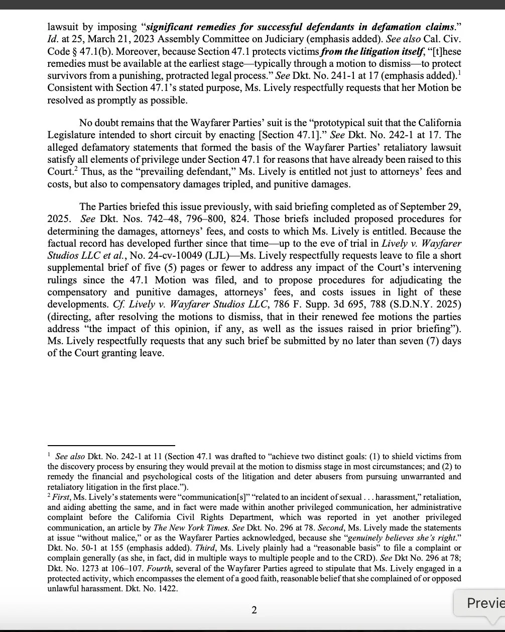 Willkie Farr letter page 2 of 2 · Section 47.1 was designed to ensure individuals subjected to sexual harassment retaliation can share their experiences with courts agencies the press without fear of suit · briefing completed September 29 2025 · Lively requests motion be resolved as promptly as possible plus leave to file 5-page supplemental brief on intervening rulings · footnotes