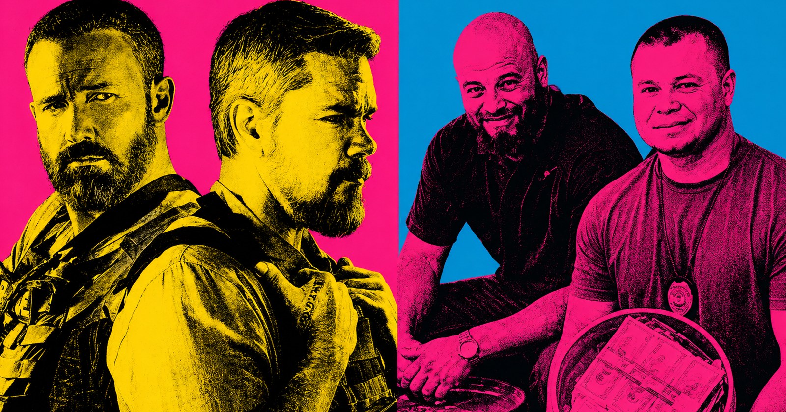 Andy Warhol pop-art treatment of Smith v. Falco Pictures · The Rip defamation suit · Ben Affleck and Matt Damon (yellow on pink) on the left · two Miami-Dade detectives with seized-money buckets (pink on blue) on the right