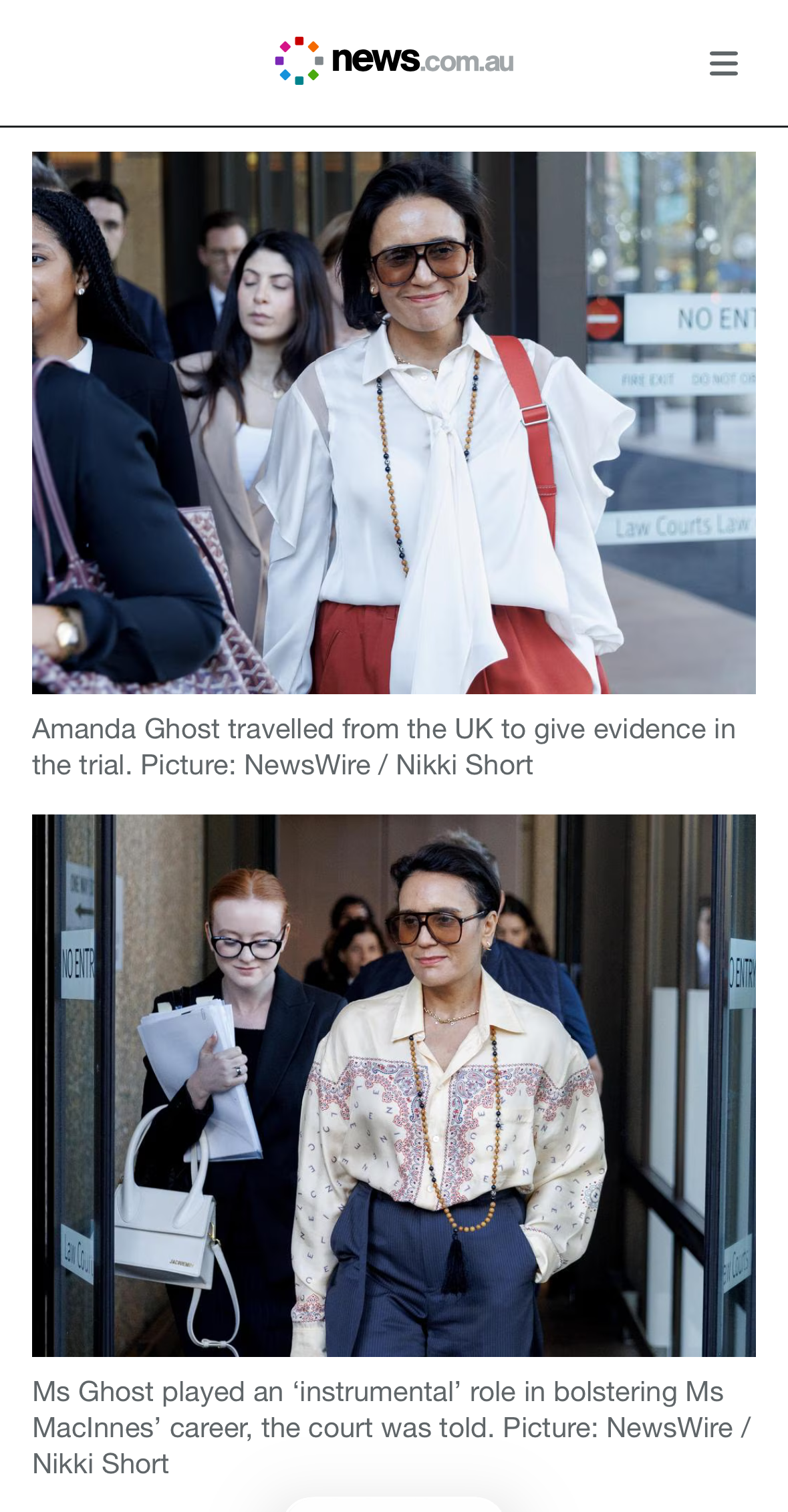 Two-photo composite of Amanda Ghost outside Federal Court of Australia · top photo white ruffled blouse with red bag · bottom photo printed top with navy wide-leg pants